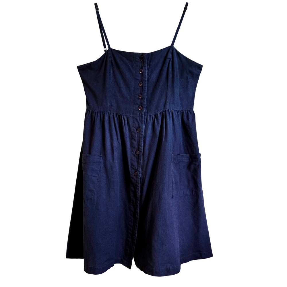 Navy Blue Button Front Cotton/Flax Dress with Pockets‎ and Smocked Back Sz XL